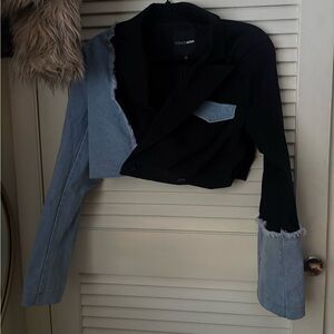 Black and Denim Frayed Cropped Blazer